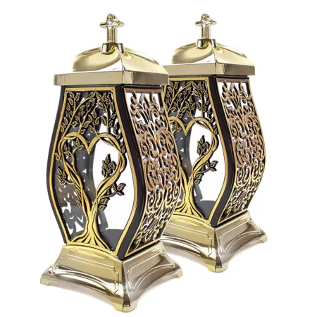 Zestaw 2 zniczy Kapliczka Nagrobna ze złotym Krzyżem i zdobieniami Elegancki Lampion Pamięci
